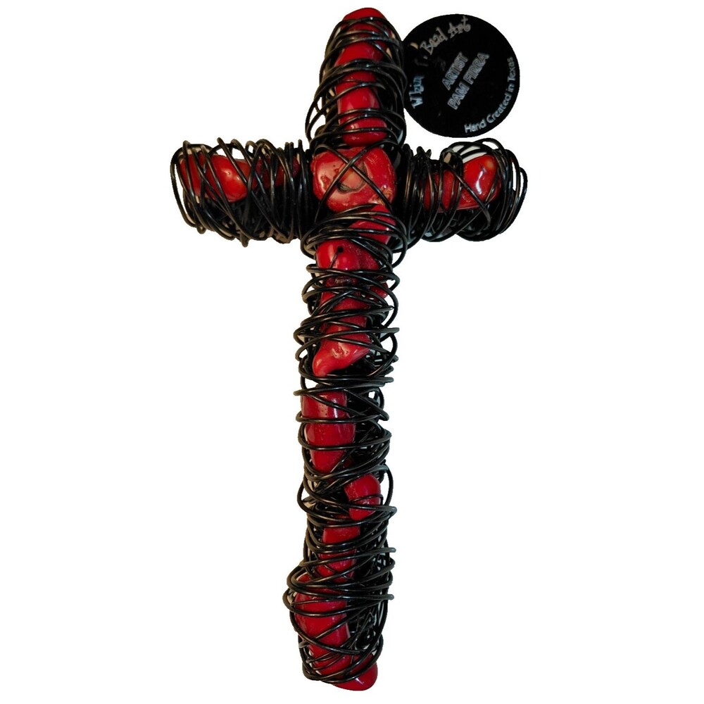 NWT Handcrafted Wire Cross with Dyed Bamboo Coral Pam Firra Texas
